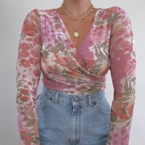 Vintage Nylon Pastel Floral Long Sleeve Blouse